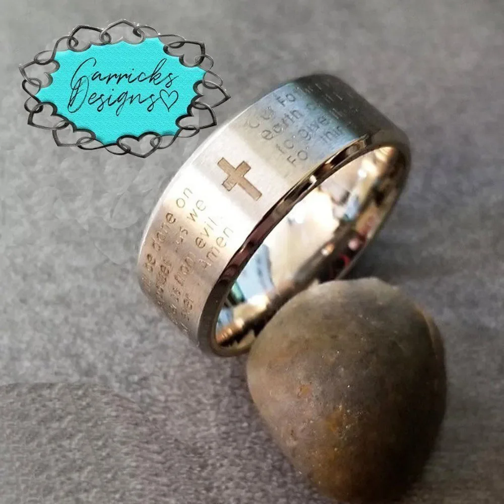 Men's Silver Lords Prayer Ring With Cross Christian Ring Promise ring or Purity